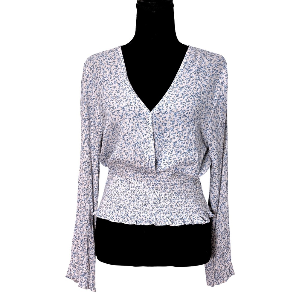 Paper Crane Womens Floral Smocked Peplum Top Size L Cottage Coastal Romantic